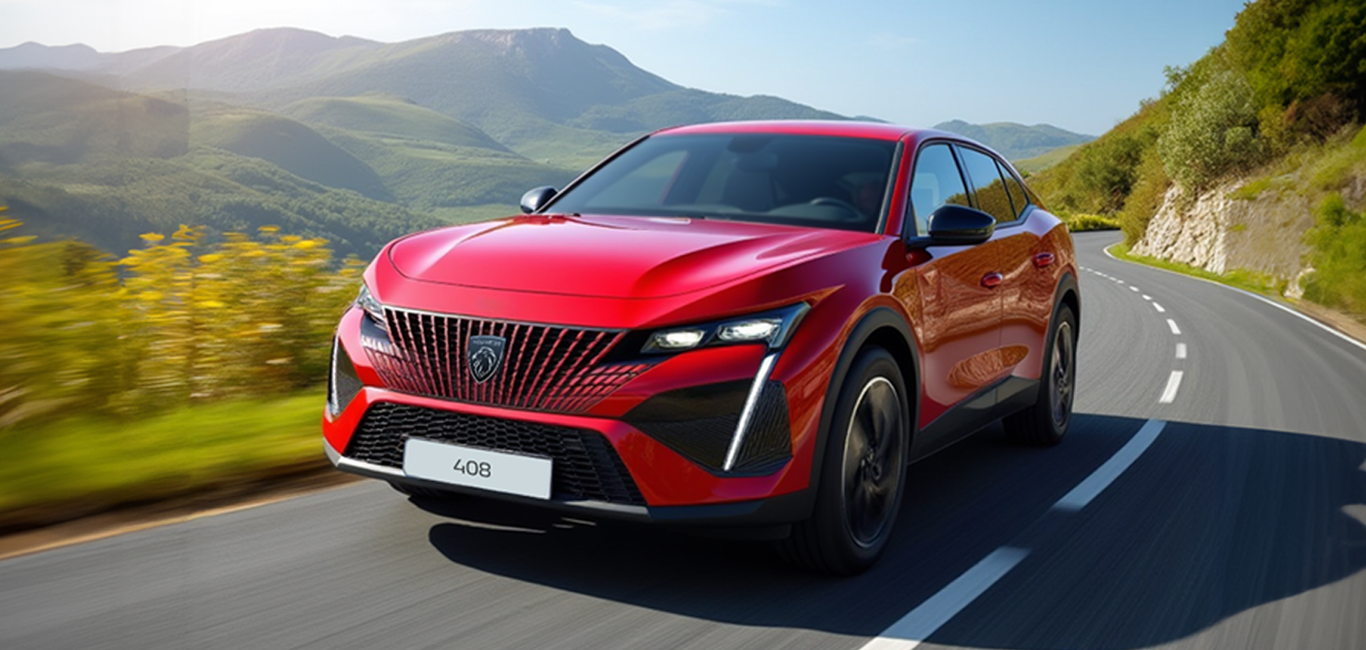 Peugeot 408 червоного кольору на дорозі, вигляд спереду з правого боку