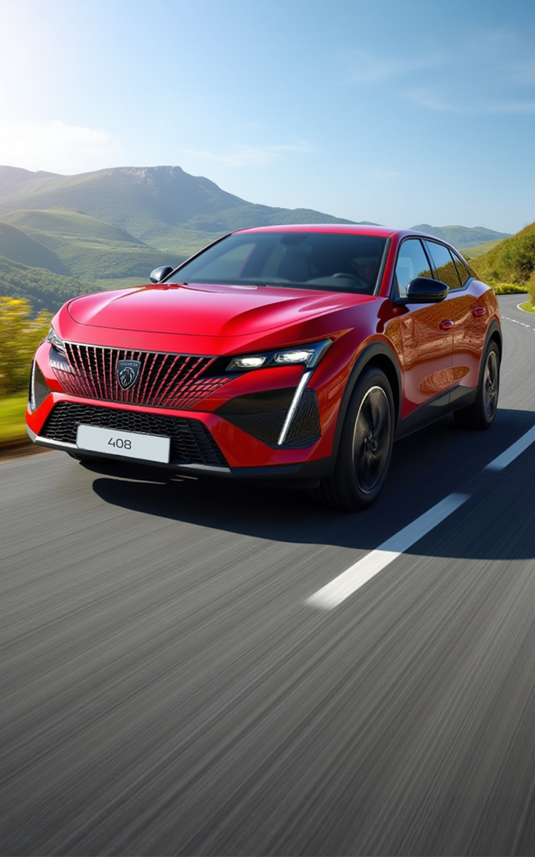 Peugeot 408 червоного кольору на дорозі, вигляд спереду з правого боку
